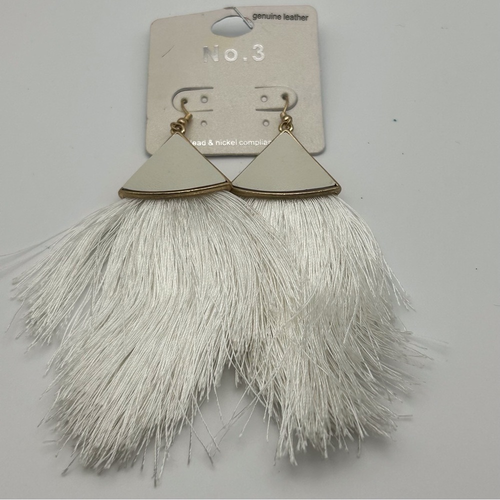 No. 3 White Genuine Leather Dangle Large Tassel Earrings Gold Tone Hook